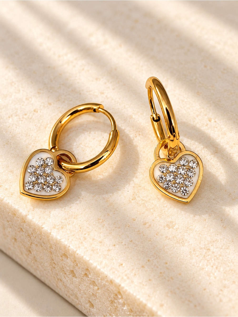Gold PlatedbHeart Charm Hoop Earrings with Crystals - Women Jewelry